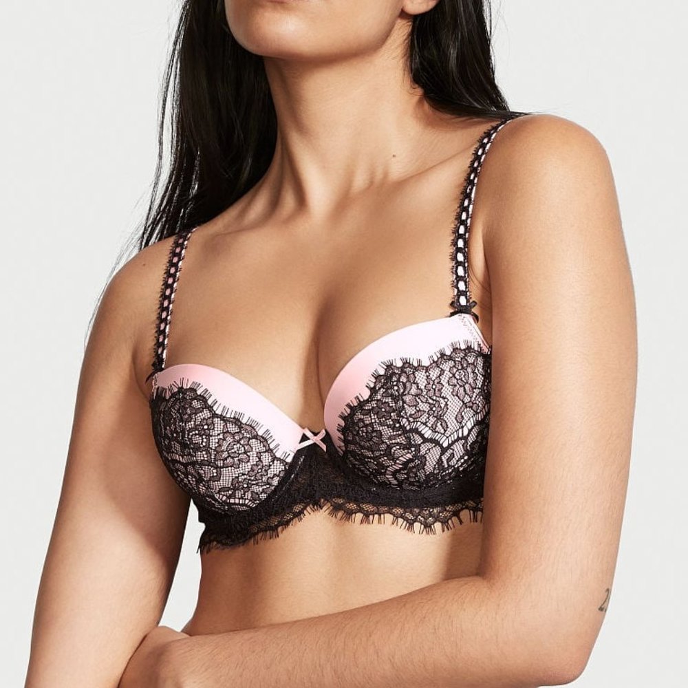 Victoria's Secret Dream Angels Lined Demi Bra, Black and Pink Lace Pattern